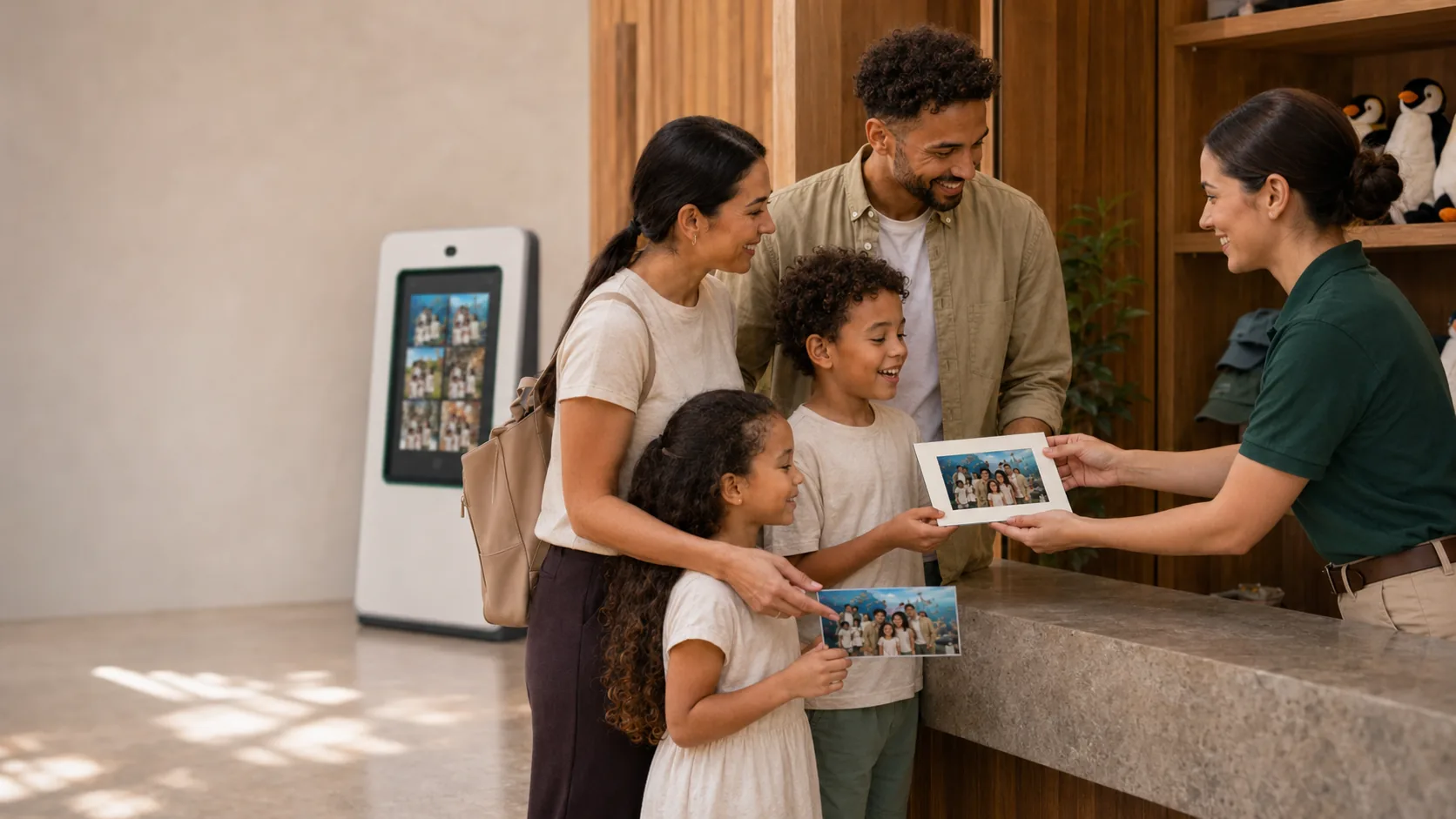 A staff member handing a printed photo folio across a retail counter to a family.