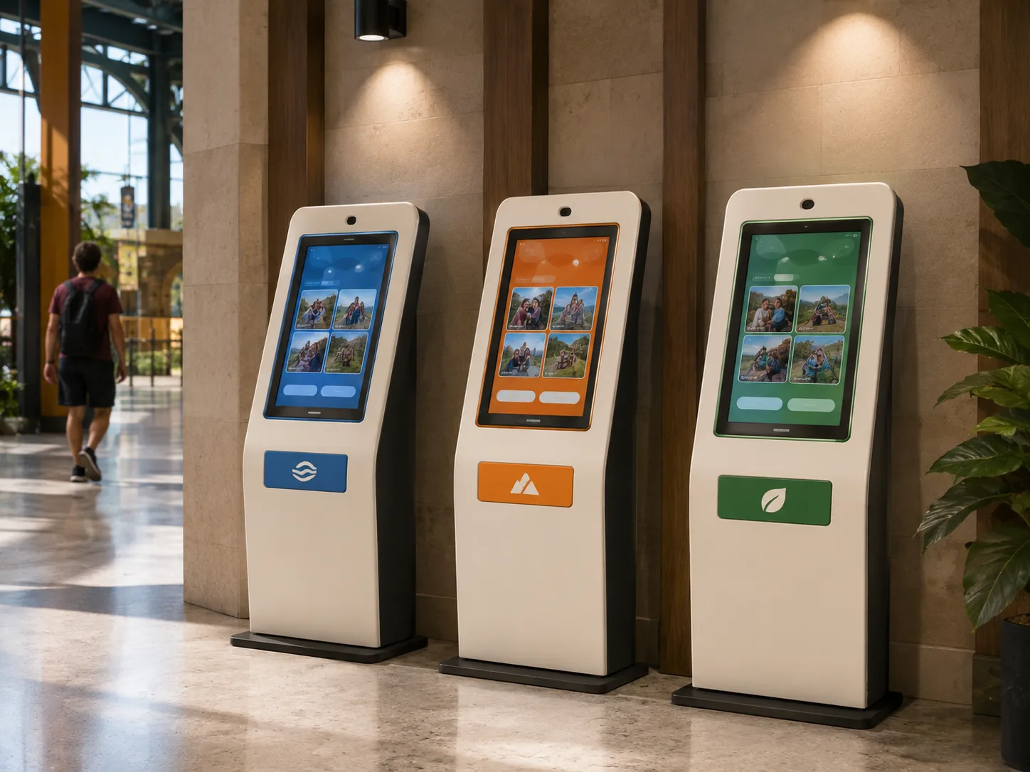Three identical retrieval kiosks side by side, each carrying a different operator's brand colour and logo.