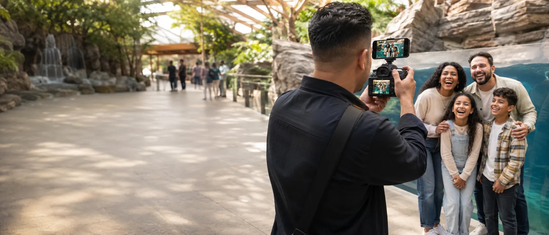 A roaming photographer photographing a family beside an aquarium viewing window, the shot previewing live on a phone mounted to the camera.